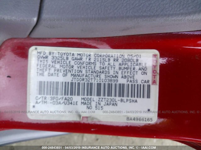 JTDDR32T710103899 - 2001 TOYOTA CELICA GT RED photo 9