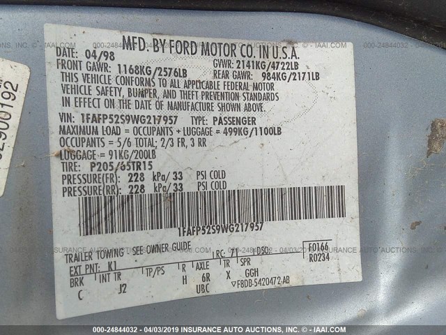 1FAFP52S9WG217957 - 1998 FORD TAURUS LX/SE BLUE photo 9