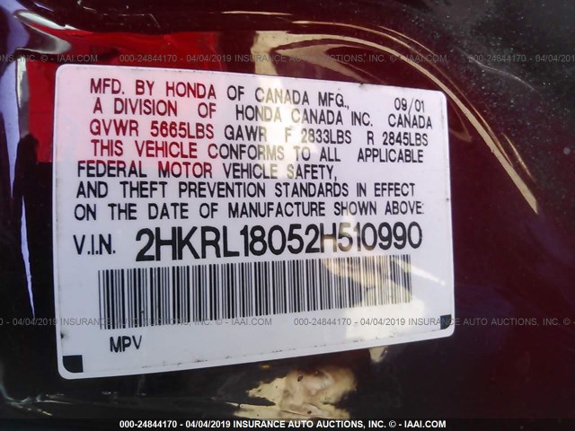 2HKRL18052H510990 - 2002 HONDA ODYSSEY EXL RED photo 9