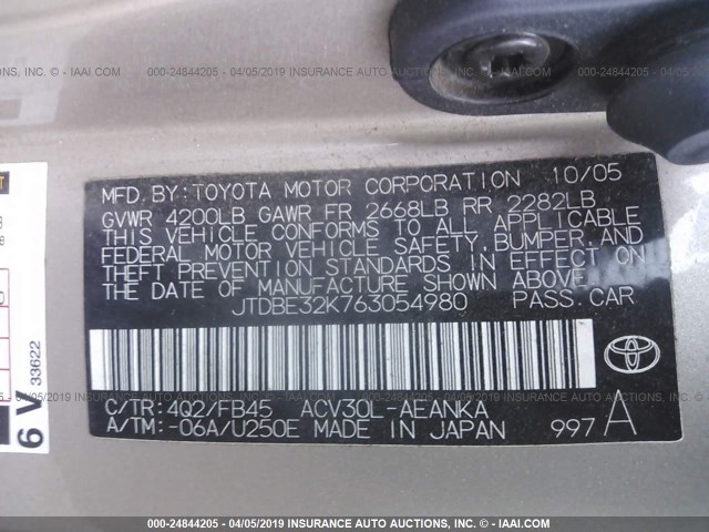JTDBE32K763054980 - 2006 TOYOTA CAMRY LE/XLE GOLD photo 9