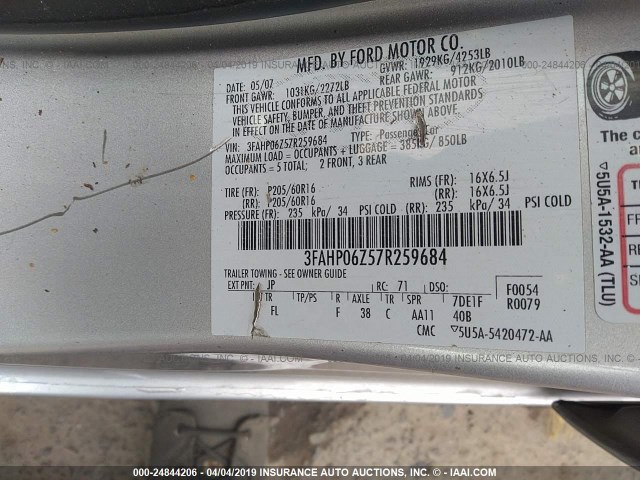 3FAHP06Z57R259684 - 2007 FORD FUSION S SILVER photo 9