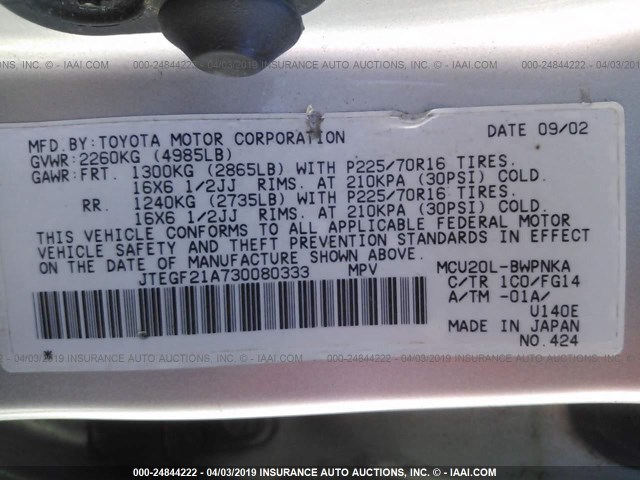 JTEGF21A730080333 - 2003 TOYOTA HIGHLANDER LIMITED SILVER photo 9