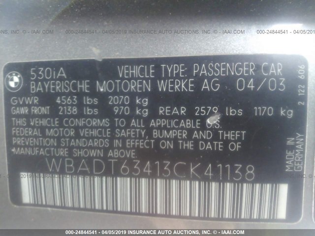 WBADT63413CK41138 - 2003 BMW 530 I AUTOMATIC GRAY photo 9