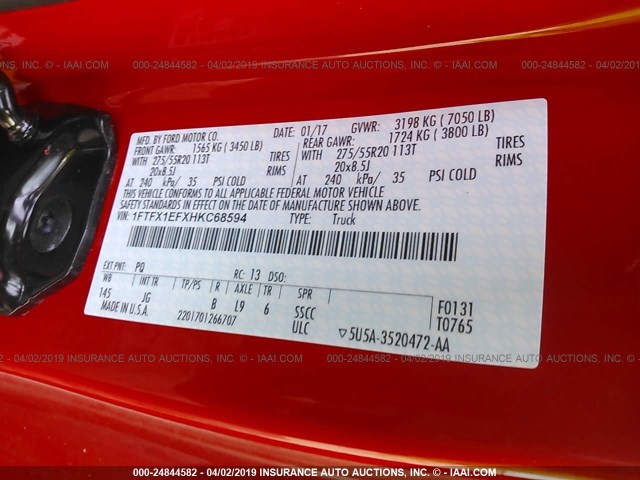 1FTFX1EFXHKC68594 - 2017 FORD F150 SUPER CAB RED photo 9