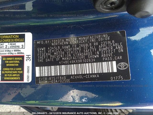 4T4BE46KX9R102634 - 2009 TOYOTA CAMRY SE/LE/XLE BLUE photo 9