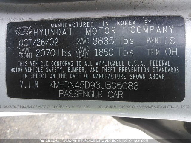 KMHDN45D93U535083 - 2003 HYUNDAI ELANTRA GLS/GT SILVER photo 9