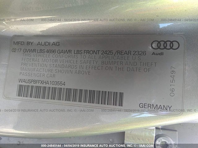 WAUSPBFFXHA103554 - 2017 AUDI A3 E-TRON PRESTIGE SILVER photo 9