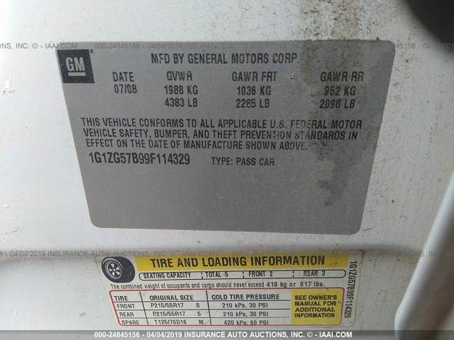 1G1ZG57B99F114329 - 2009 CHEVROLET MALIBU LS WHITE photo 9