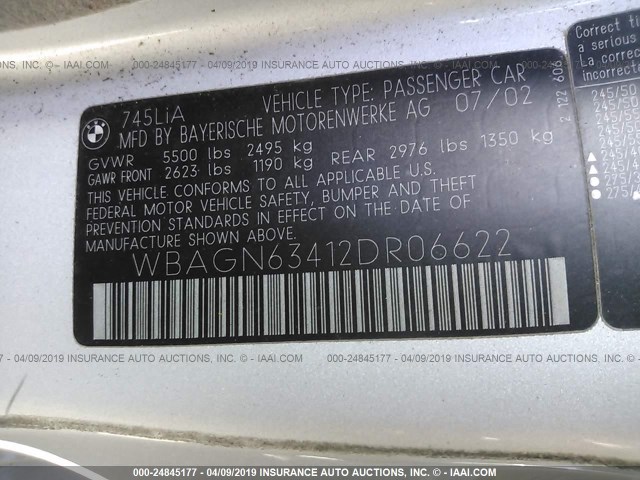 WBAGN63412DR06622 - 2002 BMW 745 LI SILVER photo 9