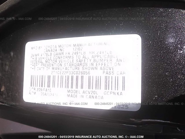 2T1CE22P33C026056 - 2003 TOYOTA CAMRY SOLARA SE BLACK photo 9