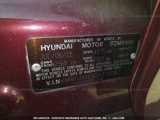 KMHFU45E92A214116 - 2002 HYUNDAI XG 350 RED photo 9