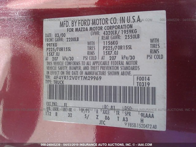 4F4YR12V0YTM29969 - 2000 MAZDA B3000 RED photo 9