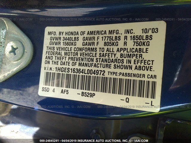 1HGES16364L004972 - 2004 HONDA CIVIC DX VP Mavi foto 9