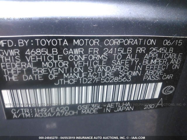 JTHCF1D27F5028563 - 2015 LEXUS IS 250 GRAY photo 9