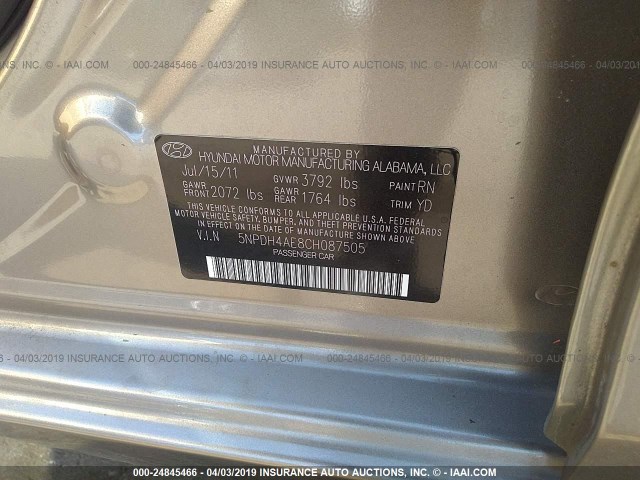 5NPDH4AE8CH087505 - 2012 HYUNDAI ELANTRA GLS/LIMITED GOLD photo 9