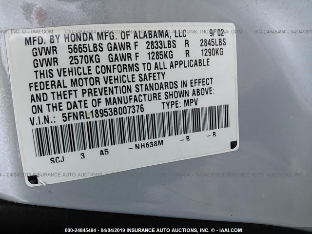 5FNRL18953B007376 - 2003 HONDA ODYSSEY EXL SILVER photo 9