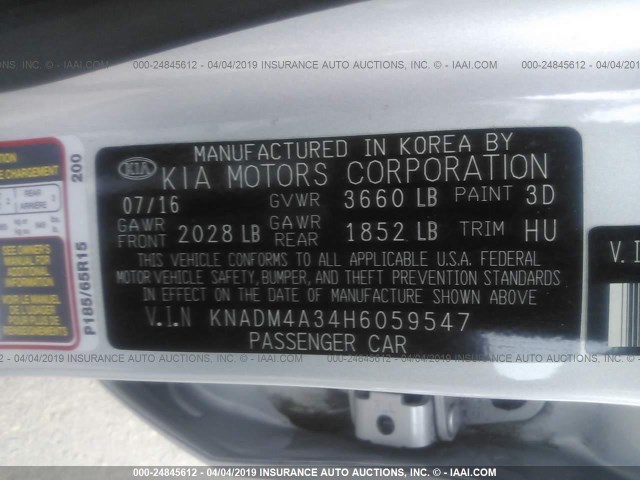 KNADM4A34H6059547 - 2017 KIA RIO LX SILVER photo 9