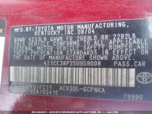 4T1CE38P25U959008 - 2005 TOYOTA CAMRY SOLARA SE/SLE RED photo 9