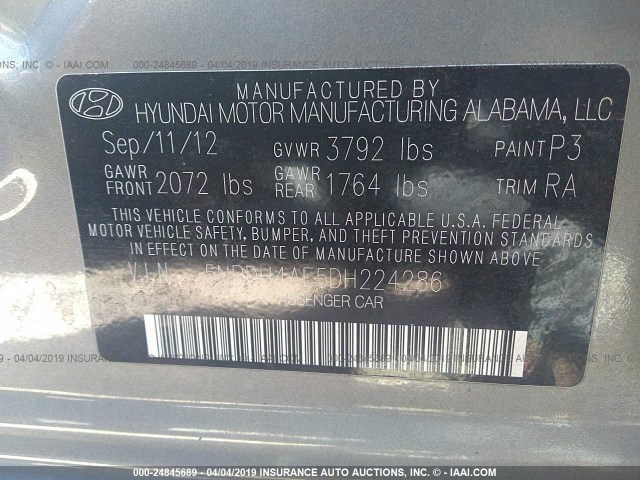 5NPDH4AE5DH224286 - 2013 HYUNDAI ELANTRA GLS/LIMITED GRAY photo 9