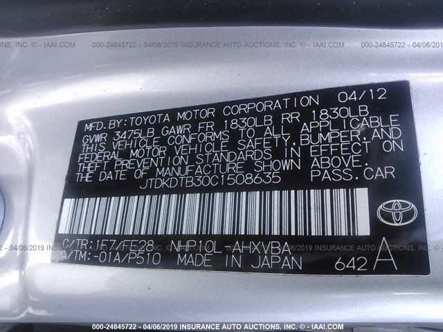 JTDKDTB30C1508635 - 2012 TOYOTA PRIUS C SILVER photo 9