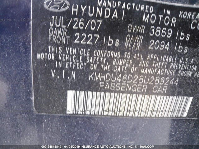 KMHDU46D28U289244 - 2008 HYUNDAI ELANTRA GLS/SE/LIMITED BLUE photo 9