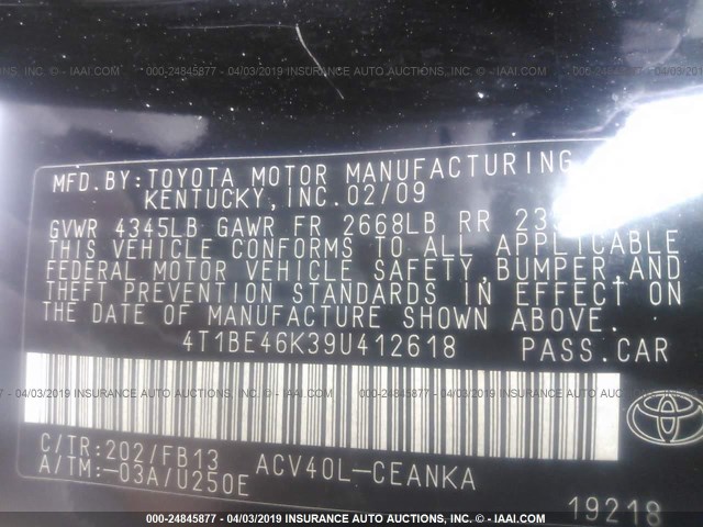4T1BE46K39U412618 - 2009 TOYOTA CAMRY SE/LE/XLE BLACK photo 9