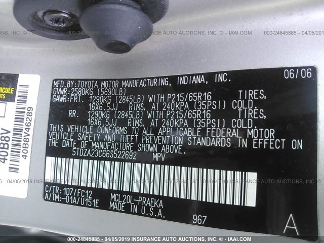 5TDZA23C66S522692 - 2006 TOYOTA SIENNA CE/LE SILVER photo 9