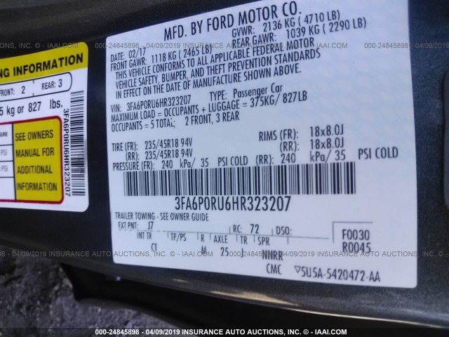 3FA6P0RU6HR323207 - 2017 FORD FUSION TITANIUM HEV GRAY photo 9