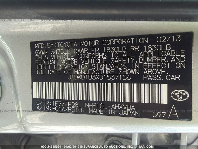 JTDKDTB3XD1537156 - 2013 TOYOTA PRIUS C SILVER photo 9