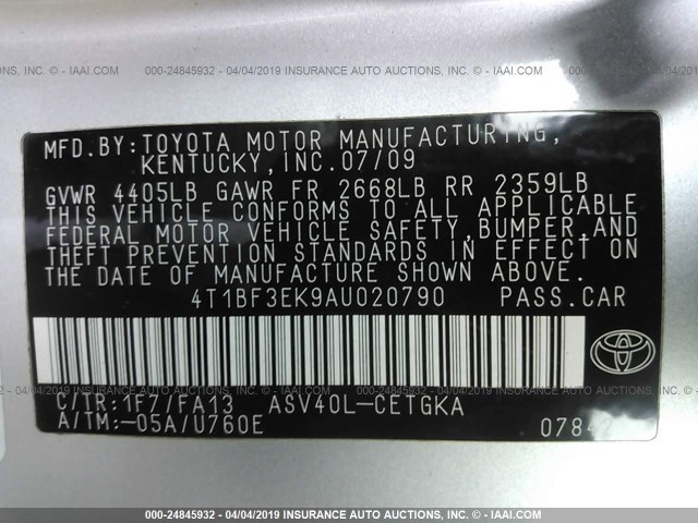 4T1BF3EK9AU020790 - 2010 TOYOTA CAMRY SE/LE/XLE SILVER photo 9