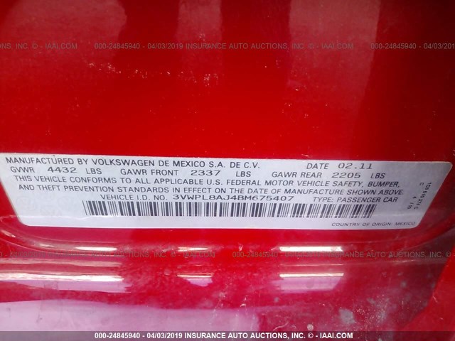 3VWPL8AJ4BM675407 - 2011 VOLKSWAGEN JETTA TDI RED photo 9