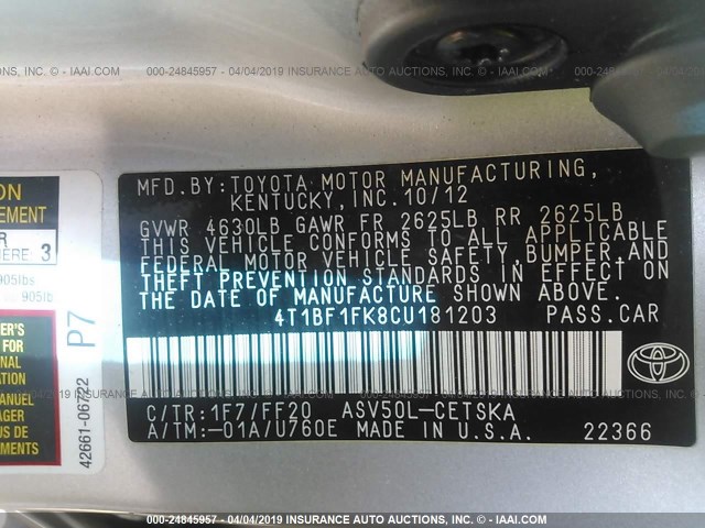 4T1BF1FK8CU181203 - 2012 TOYOTA CAMRY SE/LE/XLE SILVER photo 9