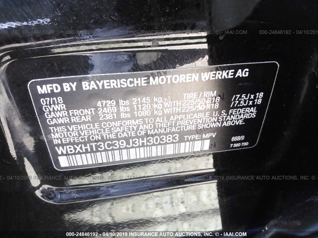 WBXHT3C39J3H30383 - 2018 BMW X1 XDRIVE28I BLACK photo 9