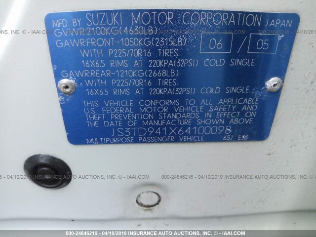 JS3TD941X64100098 - 2006 SUZUKI GRAND VITARA  WHITE photo 9