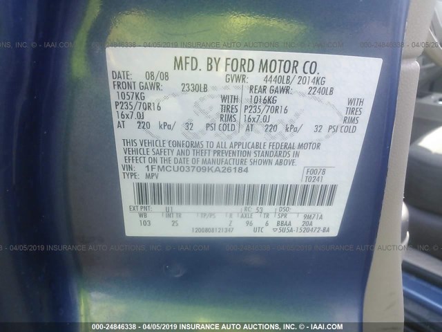 1FMCU03709KA26184 - 2009 FORD ESCAPE XLT BLUE photo 9