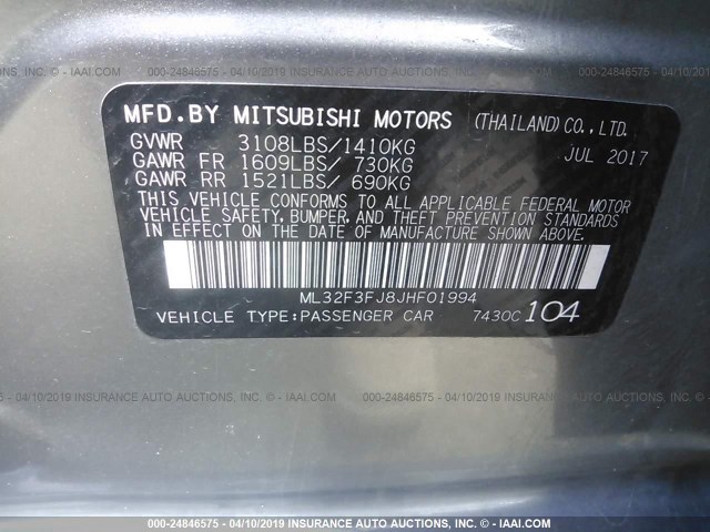 ML32F3FJ8JHF01994 - 2018 MITSUBISHI MIRAGE G4 ES Gris foto 9