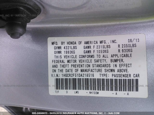 1HGCR2F51DA218516 - 2013 HONDA ACCORD SPORT SILVER photo 9