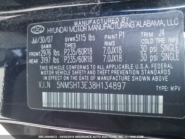 5NMSH13E38H134897 - 2008 HYUNDAI SANTA FE SE/LIMITED BLACK photo 9