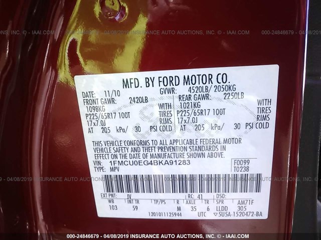 1FMCU0EG4BKA91283 - 2011 FORD ESCAPE LIMITED RED photo 9