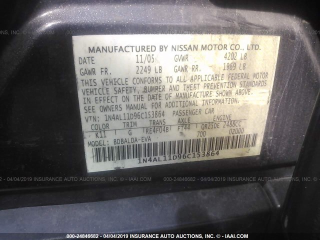 1N4AL11D96C153864 - 2006 NISSAN ALTIMA S/SL GRAY photo 9