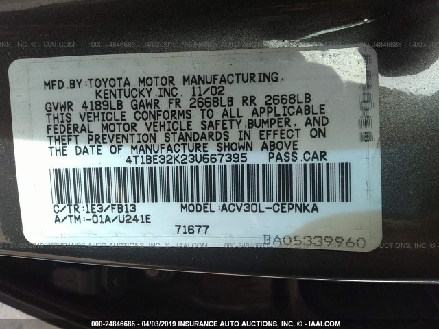 4T1BE32K23U667395 - 2003 TOYOTA CAMRY LE/XLE/SE GRAY photo 9