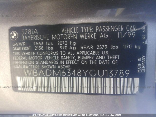 WBADM6348YGU13789 - 2000 BMW 528 I AUTOMATIC SILVER photo 9