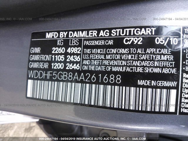 WDDHF5GB8AA261688 - 2010 MERCEDES-BENZ E 350 GRAY photo 9