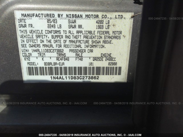 1N4AL11D83C273862 - 2003 NISSAN ALTIMA S/SL GRAY photo 9