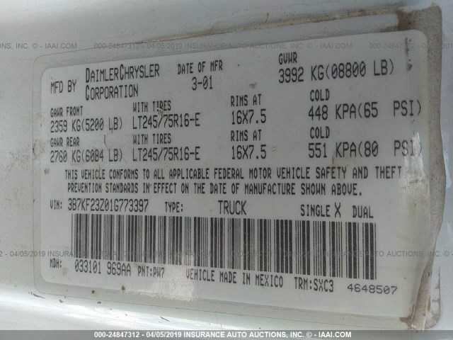 3B7KF23Z01G773397 - 2001 DODGE RAM 2500 WHITE photo 9