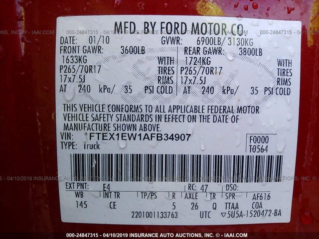 1FTEX1EW1AFB34907 - 2010 FORD F150 SUPER CAB RED photo 9