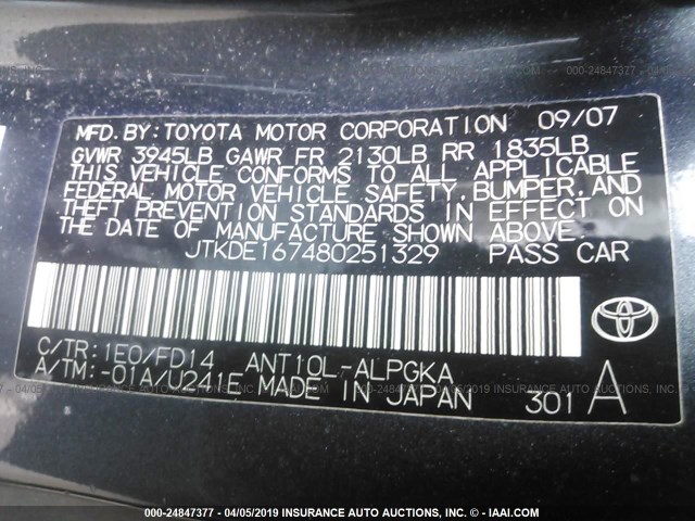 JTKDE167480251329 - 2008 TOYOTA SCION TC GRAY photo 9
