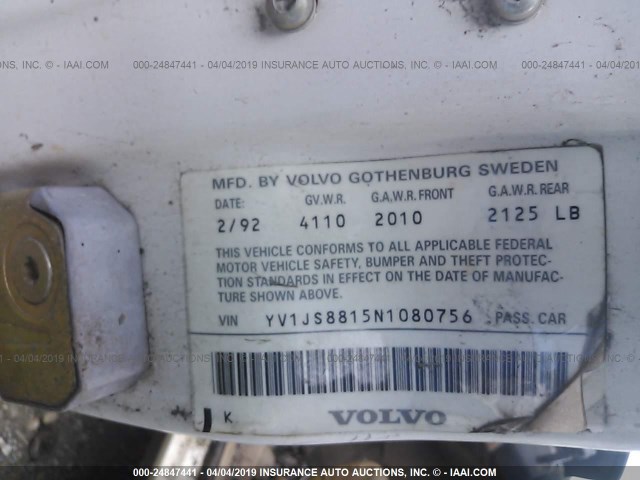 YV1JS8815N1080756 - 1992 VOLVO 940 GL WHITE photo 9