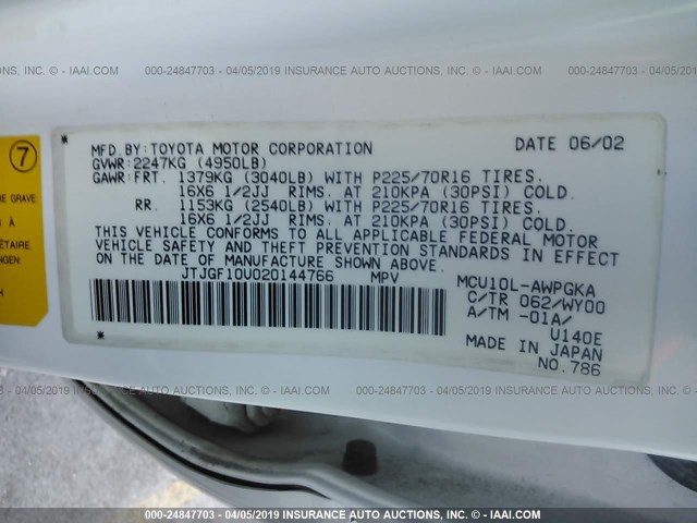 JTJGF10U020144766 - 2002 LEXUS RX 300 WHITE photo 9