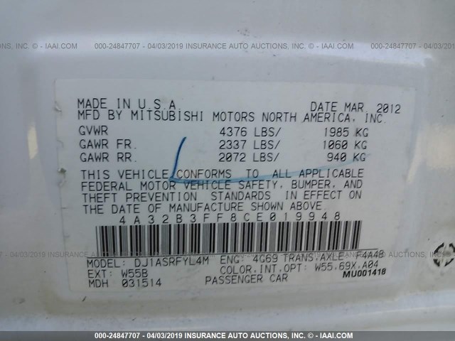 4A32B3FF8CE019948 - 2012 MITSUBISHI GALANT ES/SE WHITE photo 9